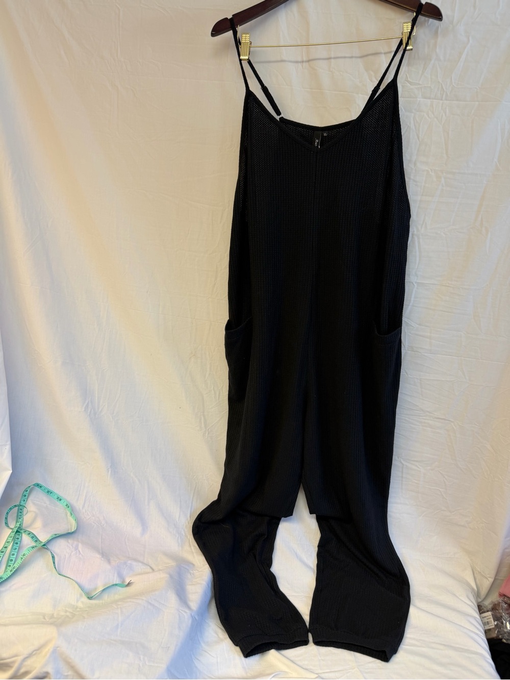 Women's Black Ribbed Wide-Leg Spaghetti-Strap Jumpsuit